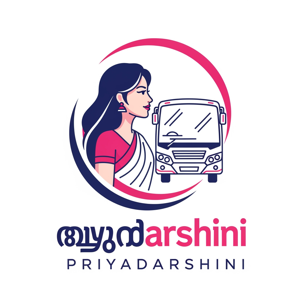 AI Design for Design a modern, professional vector logo for "Priyadarshini", a Kerala State Road Transport Corporation (KSRTC) initiative that provides free public transportation for women and symbolizes women's empowerment, safety, freedom, and mobility.
Create a minimal flat vector emblem with the following elements:
1. Woman Silhouette
Elegant side profile of a young South Indian woman facing right.
Long flowing hair with smooth curves.
Simple saree drape over the shoulder.
Minimal facial features using clean line art.
Confident, calm, and empowered expression.
Use navy blue as the primary color with soft pink highlights.
2. KSRTC Bus
Modern front-facing KSRTC bus placed behind the woman's profile.
Simple geometric vector style with minimal details.
Clean windows, headlights, and grille.
White body with navy blue outlines and subtle pink accent lines.
The bus should symbolize accessibility and public transportation.
3. Circular Swoosh
Two smooth, incomplete circular arcs surrounding the woman and bus.
One arc in deep navy blue and the other in vibrant pink.
The arcs should represent movement, progress, inclusion, and safe journeys.
4. Typography
Place the Malayalam text "പ്രിയദർശിനി" below the icon.
Use a bold, rounded, modern Malayalam font.
Main letters in navy blue with the final character highlighted in pink.
Below it, add "PRIYADARSHINI" in uppercase.
Use a clean sans-serif font with wide letter spacing in pink.
5. Overall Style
Flat vector logo.
Government initiative branding.
Clean, professional, and trustworthy appearance.
White background.
No gradients, shadows, or 3D effects.
Suitable for official documents, buses, websites, posters, ID cards, and social media.