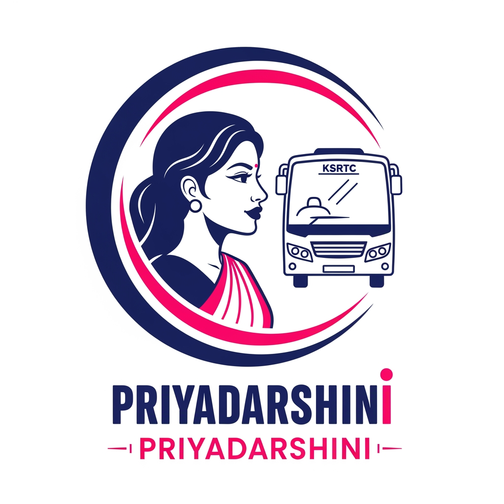 AI Design for Create a clean, modern vector logo for a Kerala government initiative called "Priyadarshini", a free KSRTC transportation scheme for women.

Main Composition
Circular badge logo with an open swoosh frame.
Left side should feature an elegant side-profile silhouette of a young South Indian woman facing right.
Woman should have:
Long flowing hair with smooth curves.
Simple round earring.
Minimal saree drape over the shoulder.
Calm, confident expression.
No facial details except eye, nose, lips, and ear created using simple lines.
Flat vector style with no gradients.
Bus Element
Place a front-view KSRTC bus behind and slightly to the right of the woman.
Bus should be:
Modern and simplified.
White body with navy-blue outlines.
Large windshield.
Small headlights and grille details.
"KSRTC" written on the destination board.
Circular Frame
Add two sweeping arcs around the illustration:
Outer arc: deep navy blue.
Inner arc: bright pink.
Arcs should form an incomplete circle and create a sense of movement.
Typography
Below the icon, write:

പ്രിയദർശിനി

Use bold Malayalam typography.
Main letters in navy blue.
Final character in bright pink.

Below it, write:

PRIYADARSHINI

Uppercase sans-serif font.
Wide letter spacing.
Pink color.
Thin decorative lines on both sides.
Color Palette
Navy Blue: #0B3A7E
Bright Pink: #E83E8C
White background.
Flat colors only, no shadows or 3D effects.
Style
Government initiative logo.
Professional, clean, modern, minimal.
Scalable vector design suitable for posters, buses, websites, and official documents.
High-quality SVG-style branding.