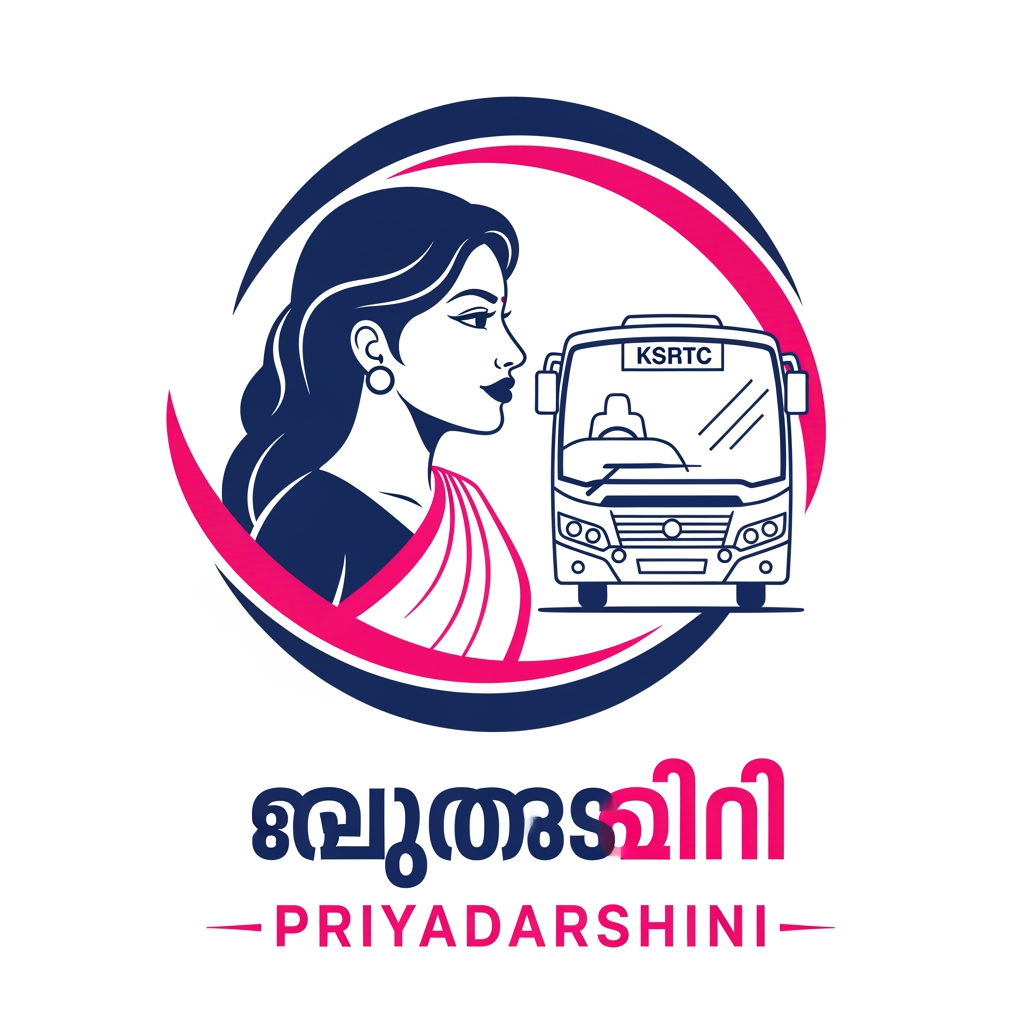 AI Design for Create a clean, modern vector logo for a Kerala government initiative called "Priyadarshini", a free KSRTC transportation scheme for women.

Main Composition
Circular badge logo with an open swoosh frame.
Left side should feature an elegant side-profile silhouette of a young South Indian woman facing right.
Woman should have:
Long flowing hair with smooth curves.
Simple round earring.
Minimal saree drape over the shoulder.
Calm, confident expression.
No facial details except eye, nose, lips, and ear created using simple lines.
Flat vector style with no gradients.
Bus Element
Place a front-view KSRTC bus behind and slightly to the right of the woman.
Bus should be:
Modern and simplified.
White body with navy-blue outlines.
Large windshield.
Small headlights and grille details.
"KSRTC" written on the destination board.
Circular Frame
Add two sweeping arcs around the illustration:
Outer arc: deep navy blue.
Inner arc: bright pink.
Arcs should form an incomplete circle and create a sense of movement.
Typography
Below the icon, write:

പ്രിയദർശിനി

Use bold Malayalam typography.
Main letters in navy blue.
Final character in bright pink.

Below it, write:

PRIYADARSHINI

Uppercase sans-serif font.
Wide letter spacing.
Pink color.
Thin decorative lines on both sides.
Color Palette
Navy Blue: #0B3A7E
Bright Pink: #E83E8C
White background.
Flat colors only, no shadows or 3D effects.
Style
Government initiative logo.
Professional, clean, modern, minimal.
Scalable vector design suitable for posters, buses, websites, and official documents.
High-quality SVG-style branding.
