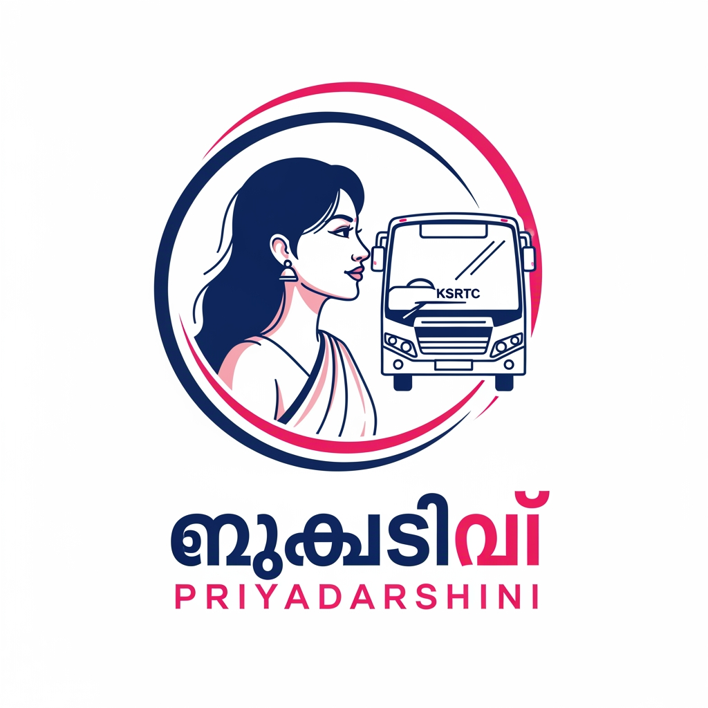 AI Design for Design a modern, professional vector logo for "Priyadarshini", a Kerala State Road Transport Corporation (KSRTC) initiative that provides free public transportation for women and symbolizes women's empowerment, safety, freedom, and mobility.
Create a minimal flat vector emblem with the following elements:
1. Woman Silhouette
Elegant side profile of a young South Indian woman facing right.
Long flowing hair with smooth curves.
Simple saree drape over the shoulder.
Minimal facial features using clean line art.
Confident, calm, and empowered expression.
Use navy blue as the primary color with soft pink highlights.
2. KSRTC Bus
Modern front-facing KSRTC bus placed behind the woman's profile.
Simple geometric vector style with minimal details.
Clean windows, headlights, and grille.
White body with navy blue outlines and subtle pink accent lines.
The bus should symbolize accessibility and public transportation.
3. Circular Swoosh
Two smooth, incomplete circular arcs surrounding the woman and bus.
One arc in deep navy blue and the other in vibrant pink.
The arcs should represent movement, progress, inclusion, and safe journeys.
4. Typography
Place the Malayalam text "പ്രിയദർശിനി" below the icon.
Use a bold, rounded, modern Malayalam font.
Main letters in navy blue with the final character highlighted in pink.
Below it, add "PRIYADARSHINI" in uppercase.
Use a clean sans-serif font with wide letter spacing in pink.
5. Overall Style
Flat vector logo.
Government initiative branding.
Clean, professional, and trustworthy appearance.
White background.
No gradients, shadows, or 3D effects.
Suitable for official documents, buses, websites, posters, ID cards, and social media.