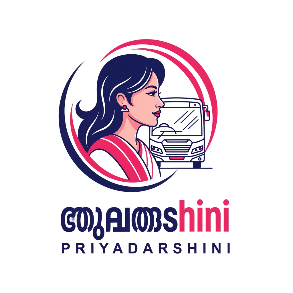 AI Design for Design a modern, professional vector logo for "Priyadarshini", a Kerala State Road Transport Corporation (KSRTC) initiative that provides free public transportation for women and symbolizes women's empowerment, safety, freedom, and mobility.
Create a minimal flat vector emblem with the following elements:
1. Woman Silhouette
Elegant side profile of a young South Indian woman facing right.
Long flowing hair with smooth curves.
Simple saree drape over the shoulder.
Minimal facial features using clean line art.
Confident, calm, and empowered expression.
Use navy blue as the primary color with soft pink highlights.
2. KSRTC Bus
Modern front-facing KSRTC bus placed behind the woman's profile.
Simple geometric vector style with minimal details.
Clean windows, headlights, and grille.
White body with navy blue outlines and subtle pink accent lines.
The bus should symbolize accessibility and public transportation.
3. Circular Swoosh
Two smooth, incomplete circular arcs surrounding the woman and bus.
One arc in deep navy blue and the other in vibrant pink.
The arcs should represent movement, progress, inclusion, and safe journeys.
4. Typography
Place the Malayalam text "പ്രിയദർശിനി" below the icon.
Use a bold, rounded, modern Malayalam font.
Main letters in navy blue with the final character highlighted in pink.
Below it, add "PRIYADARSHINI" in uppercase.
Use a clean sans-serif font with wide letter spacing in pink.
5. Overall Style
Flat vector logo.
Government initiative branding.
Clean, professional, and trustworthy appearance.
White background.
No gradients, shadows, or 3D effects.
Suitable for official documents, buses, websites, posters, ID cards, and social media.
