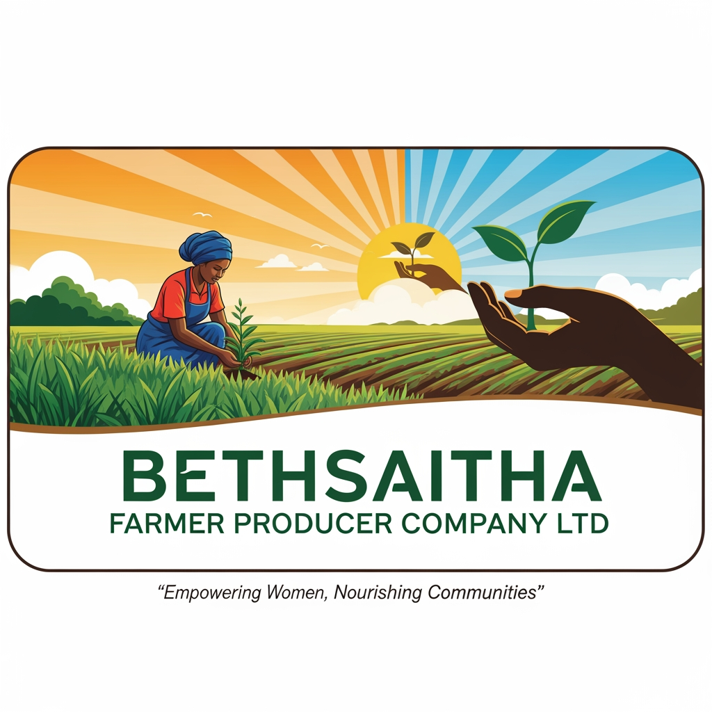 AI Design for I want to create logo for ( Bethsaitha Farmer Producer company Ltd) i want in rectangle shape including the (small quote Empowering women, Nourshing Communities)