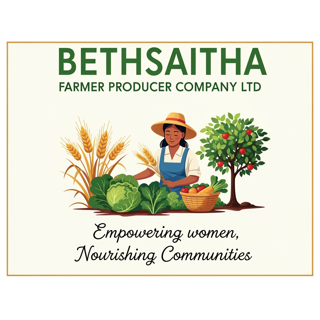 AI Design for I want to create logo for ( Bethsaitha Farmer Producer company Ltd) i want in rectangle shape including the (small quote Empowering women, Nourshing Communities)