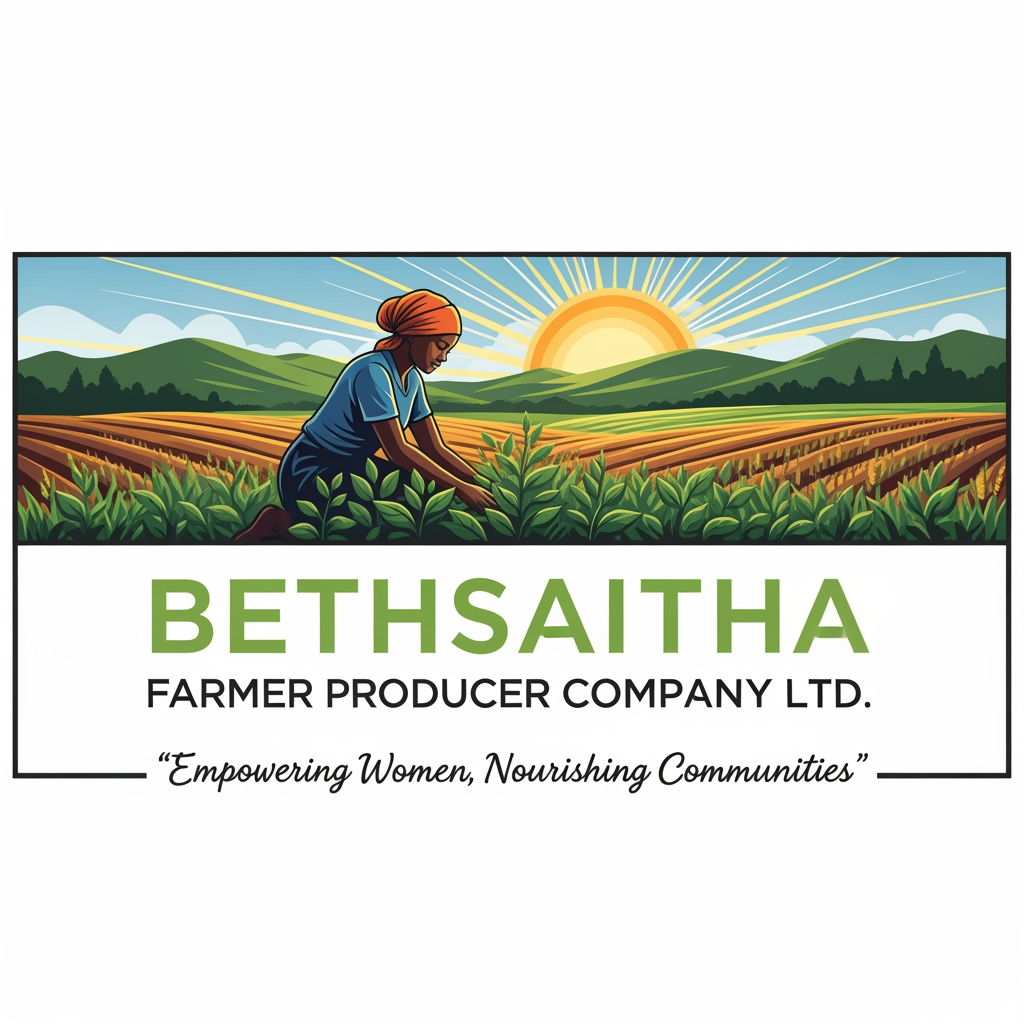 AI Design for I want to create logo for ( Bethsaitha Farmer Producer company Ltd) i want in rectangle shape including the (small quote Empowering women, Nourshing Communities)