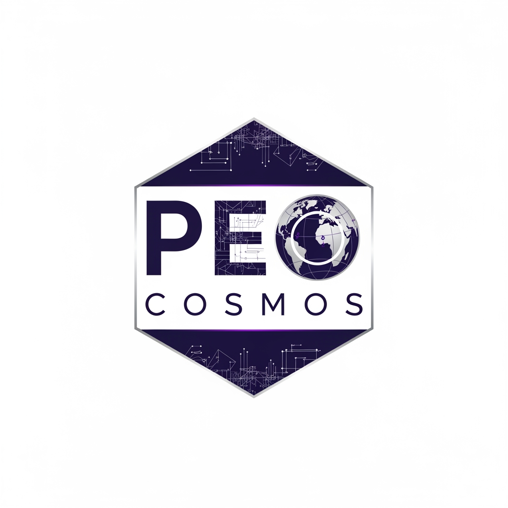 AI Design for "A professional, minimalist logo for an engineering department. The central element is a sleek, modern hexagon representing a hub. Subtle, fine-line 'engraved' technical patterns reminiscent of CAD schematics and 3D wireframes are integrated into the border of the hexagon. The design should feel high-tech, precise, and structural. Use a sophisticated purple color palette of deep navy, silver, and a touch of professional violet. White background, vector style, clean lines, high resolution."Add PEO and its extention and the O has to be replaced with globe for comos