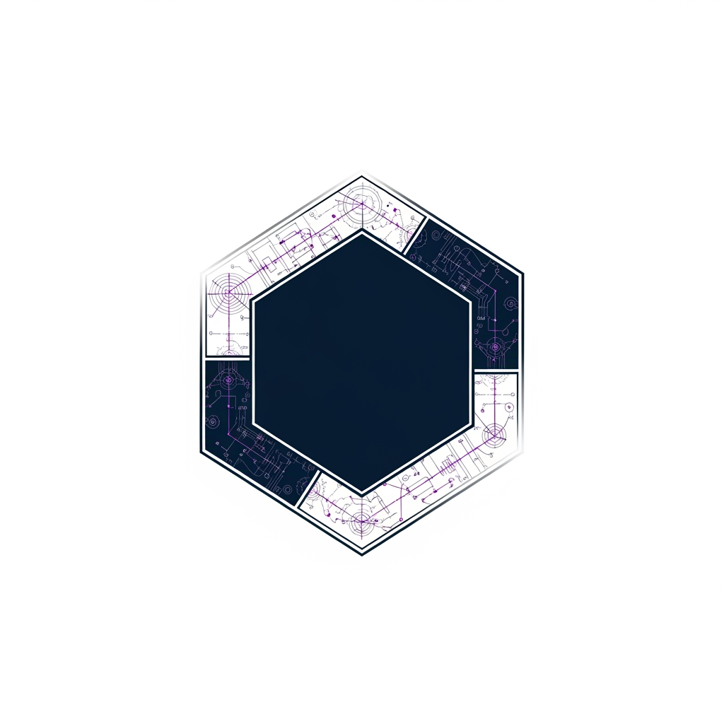 AI Design for "A professional, minimalist logo for an engineering department. The central element is a sleek, modern hexagon representing a hub. Subtle, fine-line 'engraved' technical patterns reminiscent of CAD schematics and 3D wireframes are integrated into the border of the hexagon. The design should feel high-tech, precise, and structural. Use a sophisticated purple color palette of deep navy, silver, and a touch of professional violet. White background, vector style, clean lines, high resolution."