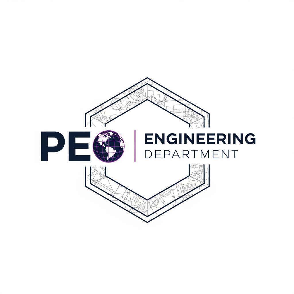 AI Design for "A professional, minimalist logo for an engineering department. The central element is a sleek, modern hexagon representing a hub. Subtle, fine-line 'engraved' technical patterns reminiscent of CAD schematics and 3D wireframes are integrated into the border of the hexagon. The design should feel high-tech, precise, and structural. Use a sophisticated purple color palette of deep navy, silver, and a touch of professional violet. White background, vector style, clean lines, high resolution."Add PEO and its extention and the O has to be replaced with globe for comos