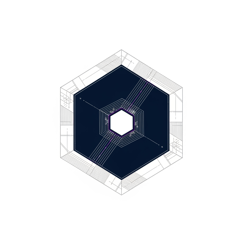AI Design for "A professional, minimalist logo for an engineering department. The central element is a sleek, modern hexagon representing a hub. Subtle, fine-line 'engraved' technical patterns reminiscent of CAD schematics and 3D wireframes are integrated into the border of the hexagon. The design should feel high-tech, precise, and structural. Use a sophisticated purple color palette of deep navy, silver, and a touch of professional violet. White background, vector style, clean lines, high resolution."