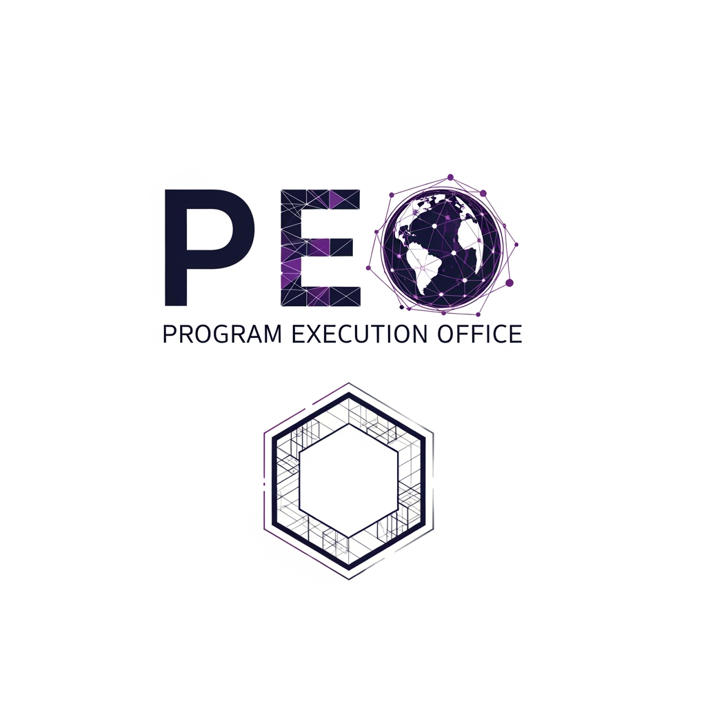 AI Design for "A professional, minimalist logo for an engineering department. The central element is a sleek, modern hexagon representing a hub. Subtle, fine-line 'engraved' technical patterns reminiscent of CAD schematics and 3D wireframes are integrated into the border of the hexagon. The design should feel high-tech, precise, and structural. Use a sophisticated purple color palette of deep navy, silver, and a touch of professional violet. White background, vector style, clean lines, high resolution."Add PEO and its extention and the O has to be replaced with globe for comos