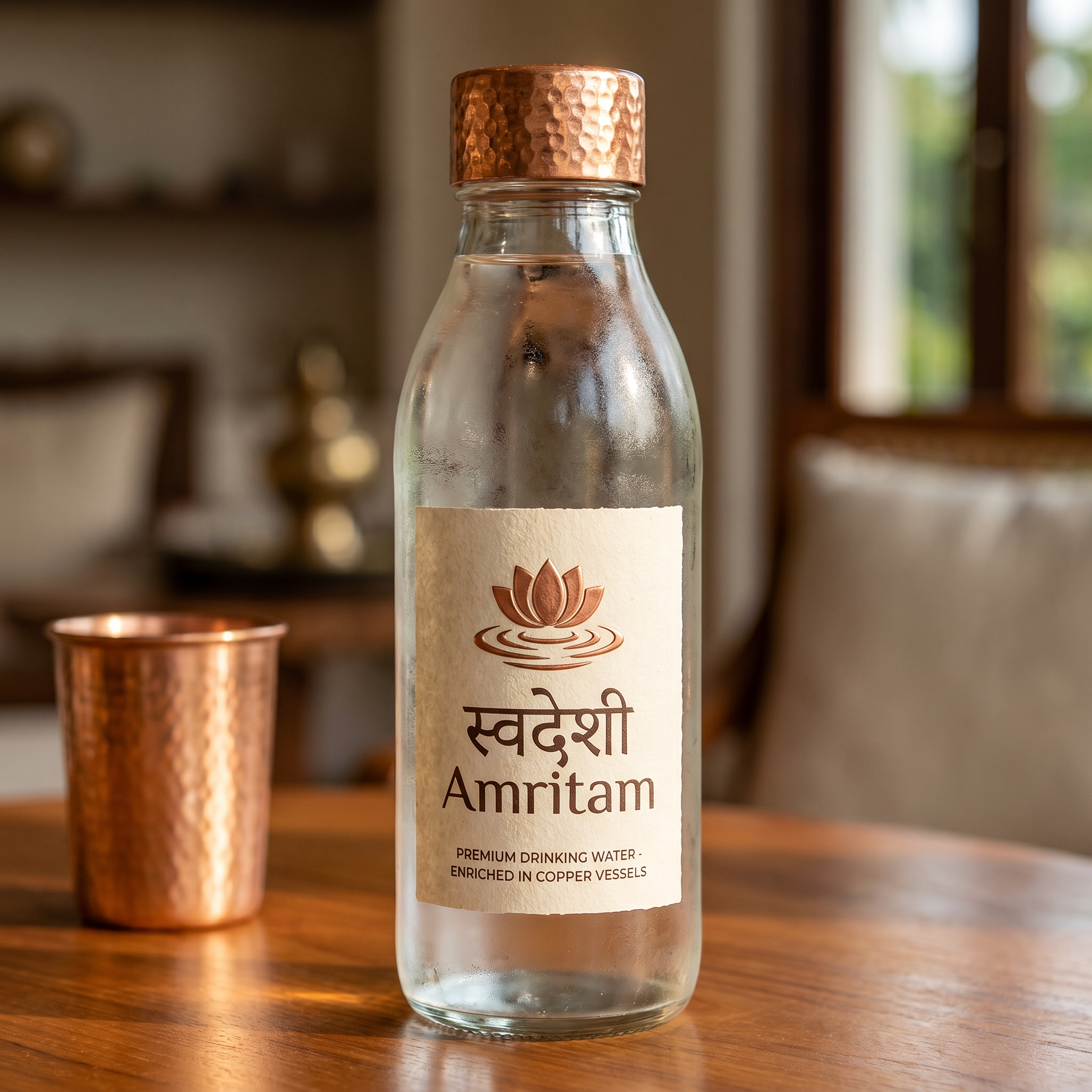 AI Design for "स्वदेशी Amritam" use this same name and it it the brand name for premium drinking water so make it accordingly and in such a way that after seeing it onlu customer get convence and built trust on water to buy it for drinking and i am using glass bottles with copper made caps