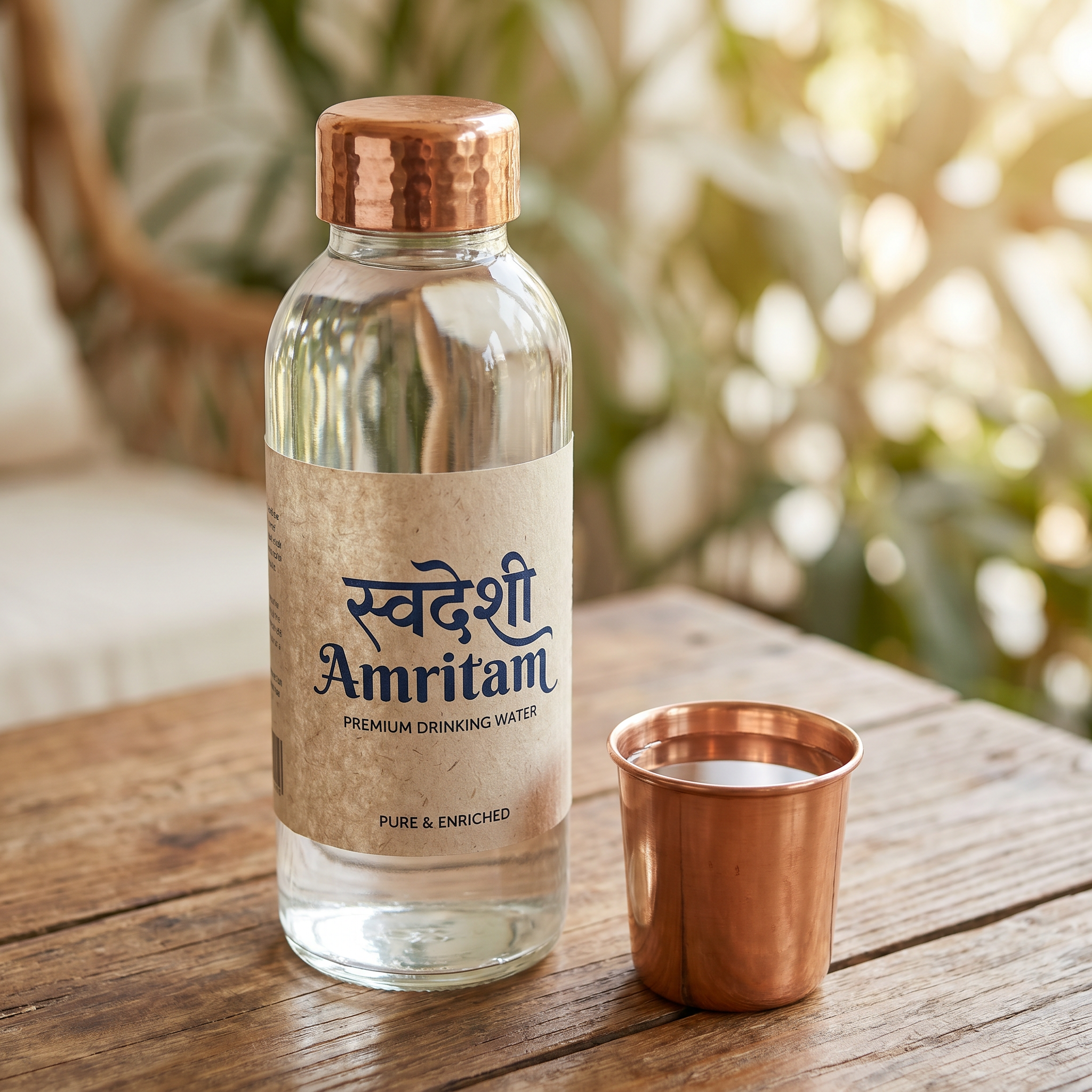AI Design for "स्वदेशी Amritam" use this same name and it it the brand name for premium drinking water so make it accordingly and in such a way that after seeing it onlu customer get convence and built trust on water to buy it for drinking and i am using glass bottles with copper made caps