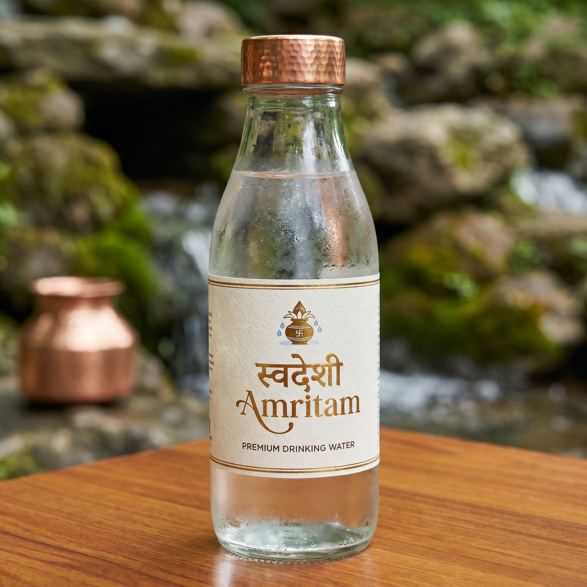 AI Design for "स्वदेशी Amritam" use this same name and it it the brand name for premium drinking water so make it accordingly and in such a way that after seeing it onlu customer get convence and built trust on water to buy it for drinking and i am using glass bottles with copper made caps