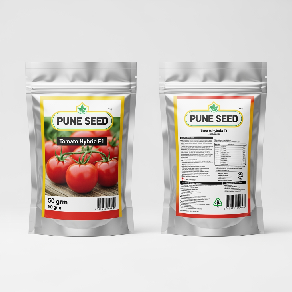AI Design for Design a realistic commercial vegetable seed pouch packaging for "PUNE SEED" in the exact style of a professional agricultural seed company. Create a front and back view of a premium aluminum foil stand-up pouch packet (50 grams). The packet should look like a real printed seed packet used in Pakistan and India seed markets. Clean white background with green branding accents. Place the PUNE SEED logo at the top. Use a high-resolution photograph of fresh crop produce on the front panel. Leave a blank space for "VARIETY NAME" so it can be changed later. Include product details section, lot number, germination %, purity %, net weight 50 grams, packing date, expiry date, QR code area, importer/manufacturer information, sowing instructions, disclaimer, and treated seed warning on the back. Modern typography, professional agricultural branding, realistic printing effects, foil pouch texture, commercial packaging mockup, front and back side visible, export-quality design, highly detailed, photorealistic, print-ready packaging design, seed industry standard layout, premium appearance.

Crop: Tomato Hybrid F1

Brand Name: PUNE SEED

Weight: 50 Grams

Variety: __________ (leave blank)

Color Theme: White, Dark Green, Light Green, Gold Accents

Style Reference: Traditional agricultural seed pouch sold by professional seed companies in Pakistan, realistic commercial packaging, not a conceptual design.