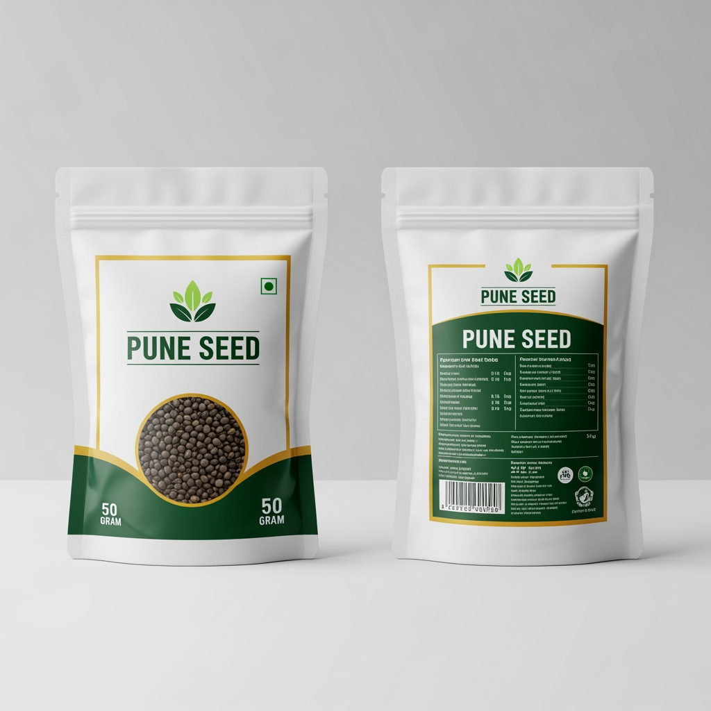AI Design for Design a realistic commercial vegetable seed pouch packaging for "PUNE SEED" in the exact style of a professional agricultural seed company. Create a front and back view of a premium aluminum foil stand-up pouch packet (50 grams). The packet should look like a real printed seed packet used in Pakistan and India seed markets. Clean white background with green branding accents. Place the PUNE SEED logo at the top. Use a high-resolution photograph of fresh crop produce on the front panel. Leave a blank space for "VARIETY NAME" so it can be changed later. Include product details section, lot number, germination %, purity %, net weight 50 grams, packing date, expiry date, QR code area, importer/manufacturer information, sowing instructions, disclaimer, and treated seed warning on the back. Modern typography, professional agricultural branding, realistic printing effects, foil pouch texture, commercial packaging mockup, front and back side visible, export-quality design, highly detailed, photorealistic, print-ready packaging design, seed industry standard layout, premium appearance.

Crop: Tomato Hybrid F1

Brand Name: PUNE SEED

Weight: 50 Grams

Variety: __________ (leave blank)

Color Theme: White, Dark Green, Light Green, Gold Accents

Style Reference: Traditional agricultural seed pouch sold by professional seed companies in Pakistan, realistic commercial packaging, not a conceptual design.