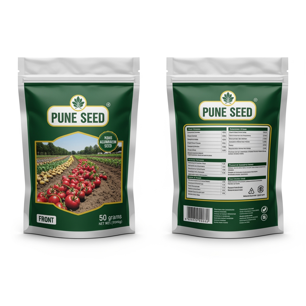 AI Design for Design a realistic commercial vegetable seed pouch packaging for "PUNE SEED" in the exact style of a professional agricultural seed company. Create a front and back view of a premium aluminum foil stand-up pouch packet (50 grams). The packet should look like a real printed seed packet used in Pakistan and India seed markets. Clean white background with green branding accents. Place the PUNE SEED logo at the top. Use a high-resolution photograph of fresh crop produce on the front panel. Leave a blank space for "VARIETY NAME" so it can be changed later. Include product details section, lot number, germination %, purity %, net weight 50 grams, packing date, expiry date, QR code area, importer/manufacturer information, sowing instructions, disclaimer, and treated seed warning on the back. Modern typography, professional agricultural branding, realistic printing effects, foil pouch texture, commercial packaging mockup, front and back side visible, export-quality design, highly detailed, photorealistic, print-ready packaging design, seed industry standard layout, premium appearance.

Crop: Tomato Hybrid F1

Brand Name: PUNE SEED

Weight: 50 Grams

Variety: __________ (leave blank)

Color Theme: White, Dark Green, Light Green, Gold Accents

Style Reference: Traditional agricultural seed pouch sold by professional seed companies in Pakistan, realistic commercial packaging, not a conceptual design.
