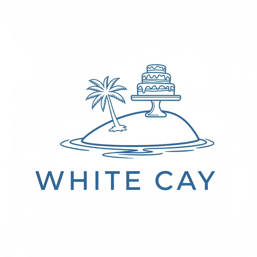 AI Design for a logo for a cake shop at a beach - White Cay. single color only
