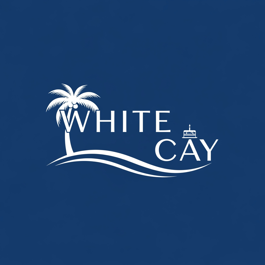 AI Design for a logo for a cake shop at a beach - White Cay. single color only