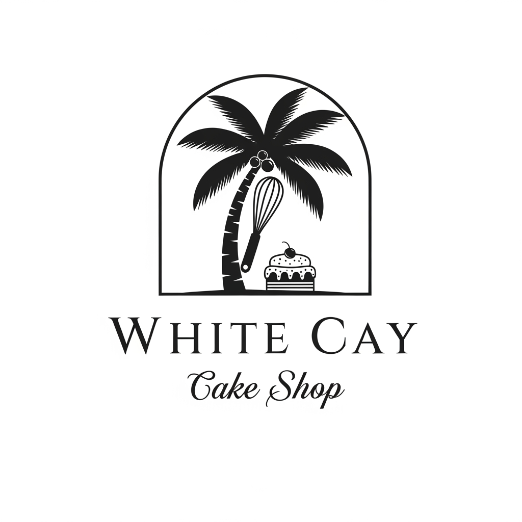 AI Design for a logo for a cake shop at a beach - White Cay. single color only