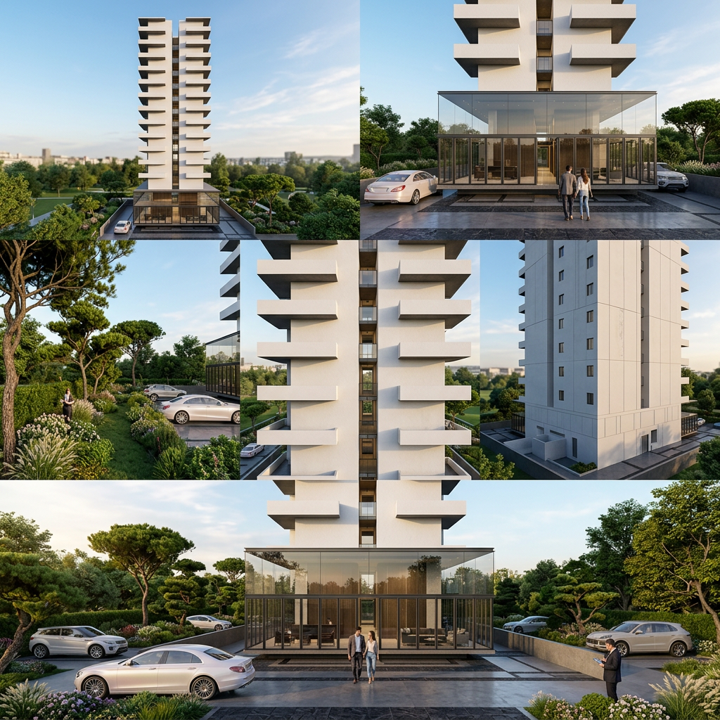 AI Design for Create a high-end realistic architectural walkthrough video from this SketchUp 3D model.
Keep the exact same model structure, dimensions, design, and layout. Do not modify, remove, or add any architectural elements.
Enhance only the visualization quality with realistic materials, soft aesthetic lighting, and premium environment.
Add elegant light-colored cars parked naturally around the house, realistic human figures walking and standing near the entrance, beautiful green trees, plants, and landscape elements on the sides while maintaining the original model.
Create a cinematic camera movement starting with a slow exterior front view, smooth walking entrance shot, garden and side elevation walkthrough, balcony and facade view, then a complete 360-degree smooth rotation around the house showing all sides.
