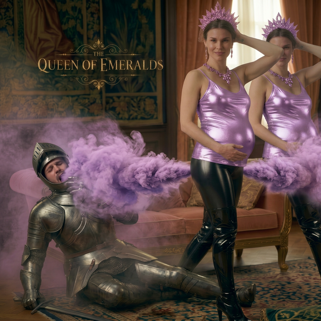 AI Design for add 1 more same queen farting but her top color is light purple her crown necklace and gas fart color are matching her top color and she is doing same fart pose