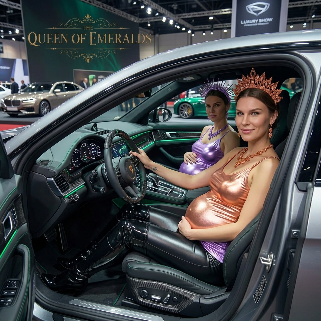 AI Design for these 2 queens are sitting in a car show their front body and peach queen is driving
