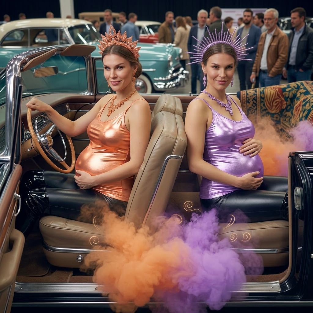 AI Design for these 2 queens are sitting in a car show their front body and peach queen is driving and they are farting