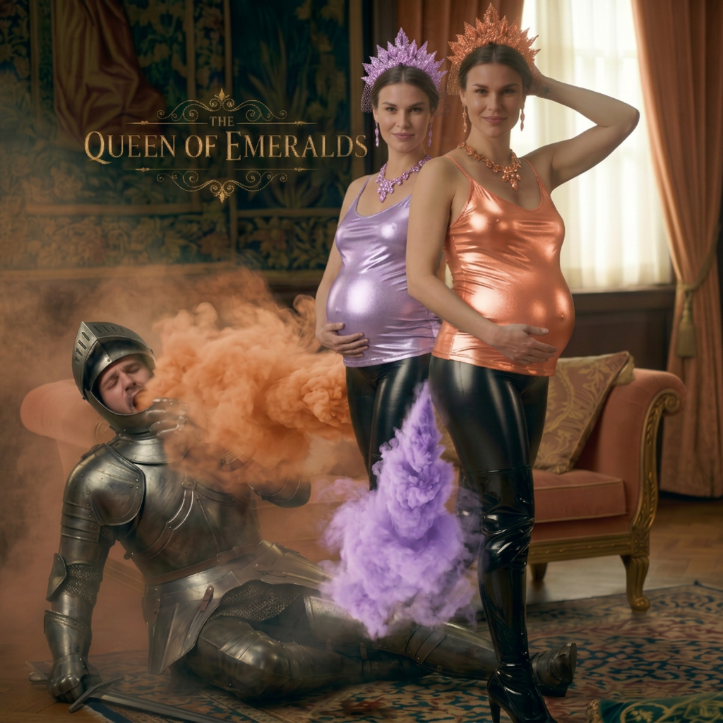 AI Design for add 1 more same queen farting but her top color is light purple her crown necklace and gas fart color are matching her top color