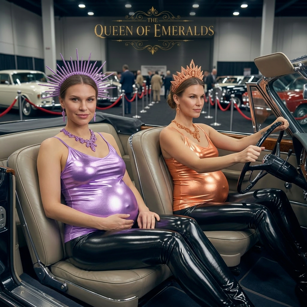 AI Design for these 2 queens are sitting in a car show their front body and their black leggings are shiny peach queen is driving