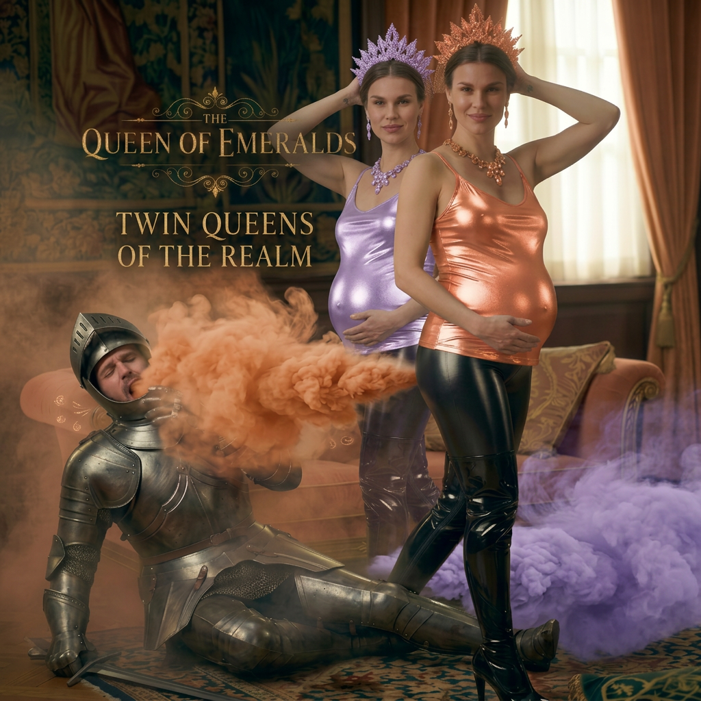 AI Design for add 1 more same queen farting but her top color is light purple her crown necklace and gas fart color are matching her top color and she is doing same fart pose