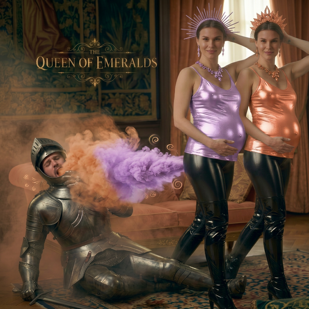 AI Design for add 1 more same queen farting but her top color is light purple her crown necklace and gas fart color are matching her top color