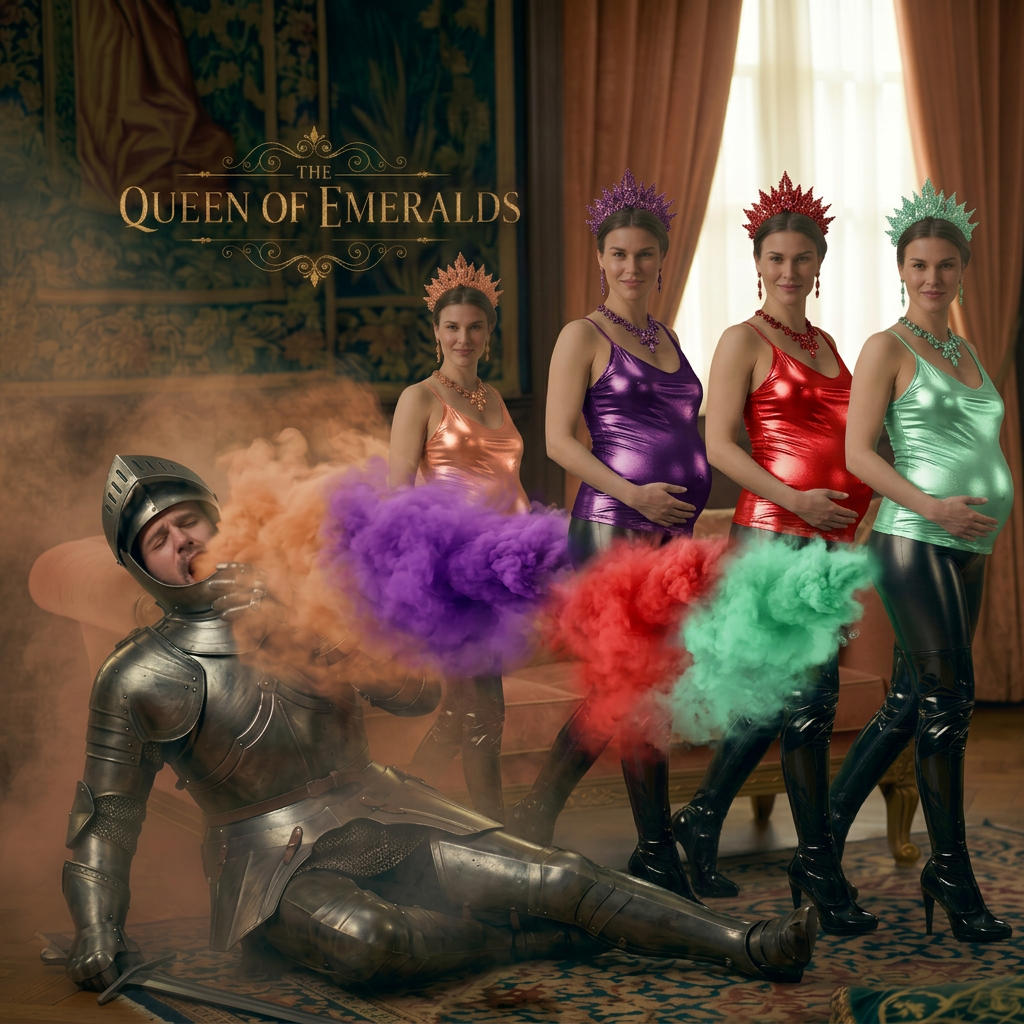 AI Design for add 3 more same queens farting but their top colors are purple and red and mint green and their crown necklace and gas fart color are matching their top color