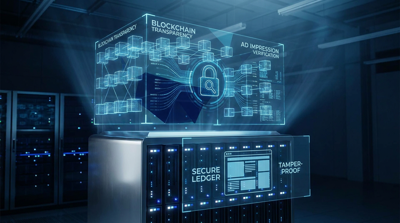 AI Design for A professional, high-tech conceptual visualization representing blockchain transparency for digital advertising. The scene features a glowing, interconnected digital ledger network floating above a sleek, modern server interface, symbolizing secure and tamper-proof data verification. Use a sophisticated color palette of deep navy, electric blue, and clean white with cinematic lighting to convey trust, precision, and cutting-edge cybersecurity.