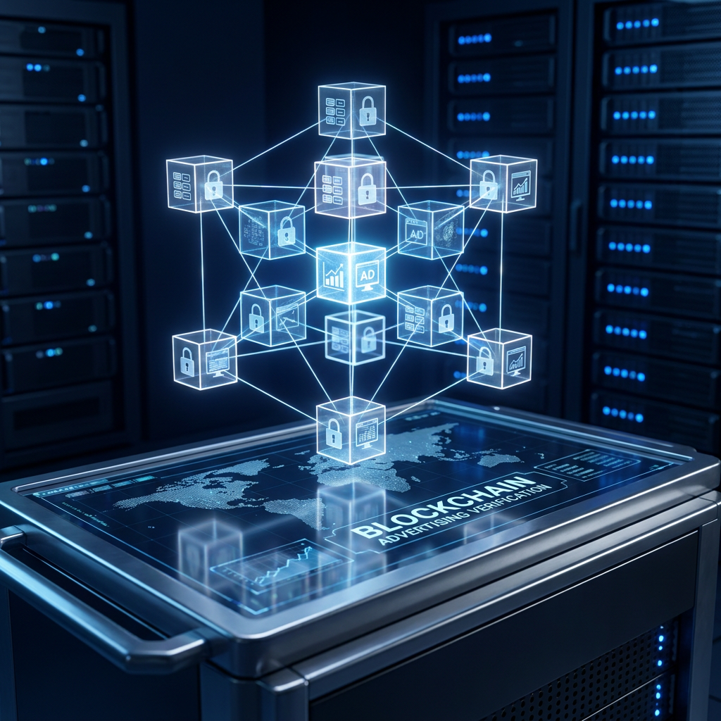 AI Design for A professional, high-tech conceptual visualization representing blockchain transparency for digital advertising. The scene features a glowing, interconnected digital ledger network floating above a sleek, modern server interface, symbolizing secure and tamper-proof data verification. Use a sophisticated color palette of deep navy, electric blue, and clean white with cinematic lighting to convey trust, precision, and cutting-edge cybersecurity.
