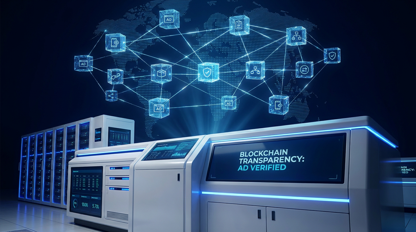 AI Design for A professional, high-tech conceptual visualization representing blockchain transparency for digital advertising. The scene features a glowing, interconnected digital ledger network floating above a sleek, modern server interface, symbolizing secure and tamper-proof data verification. Use a sophisticated color palette of deep navy, electric blue, and clean white with cinematic lighting to convey trust, precision, and cutting-edge cybersecurity.