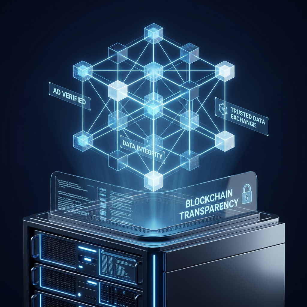 AI Design for A professional, high-tech conceptual visualization representing blockchain transparency for digital advertising. The scene features a glowing, interconnected digital ledger network floating above a sleek, modern server interface, symbolizing secure and tamper-proof data verification. Use a sophisticated color palette of deep navy, electric blue, and clean white with cinematic lighting to convey trust, precision, and cutting-edge cybersecurity.