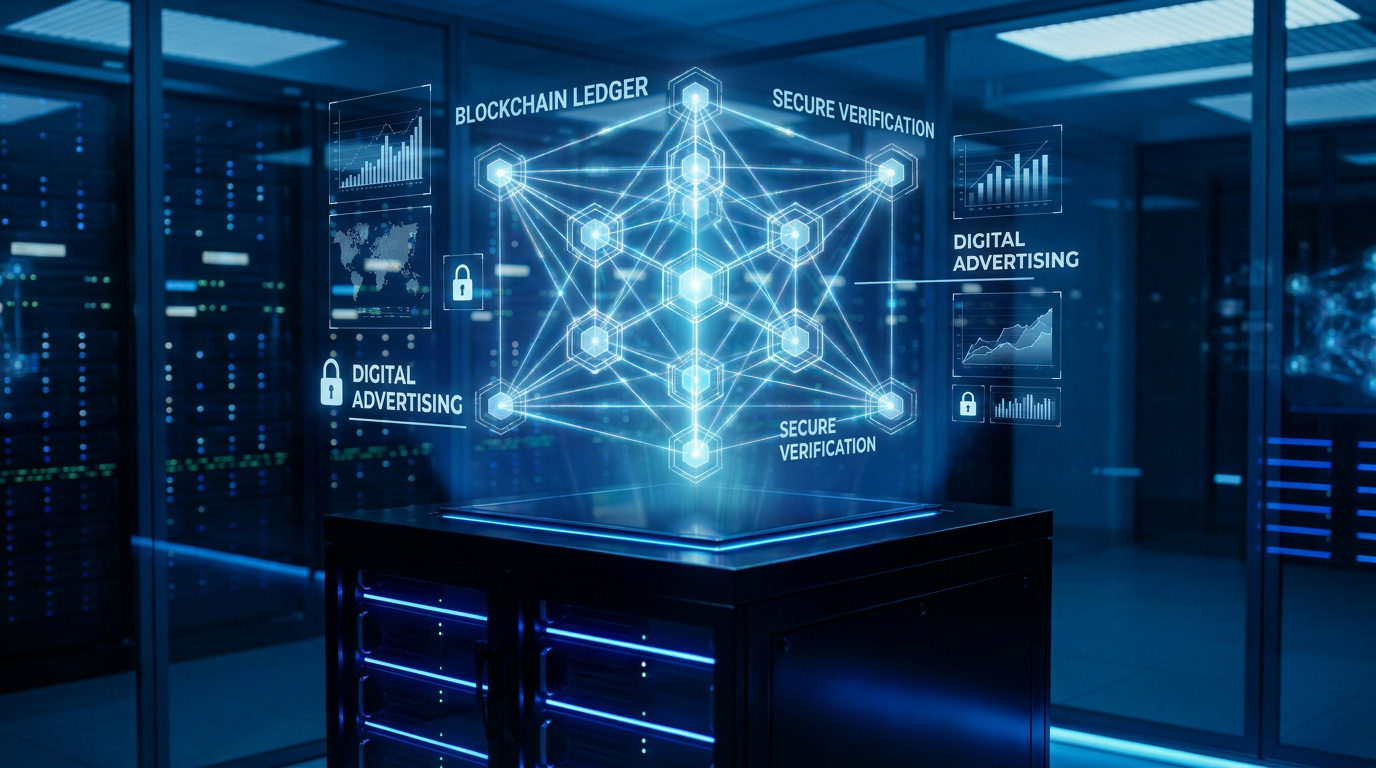 AI Design for A professional, high-tech conceptual visualization representing blockchain transparency for digital advertising. The scene features a glowing, interconnected digital ledger network floating above a sleek, modern server interface, symbolizing secure and tamper-proof data verification. Use a sophisticated color palette of deep navy, electric blue, and clean white with cinematic lighting to convey trust, precision, and cutting-edge cybersecurity.