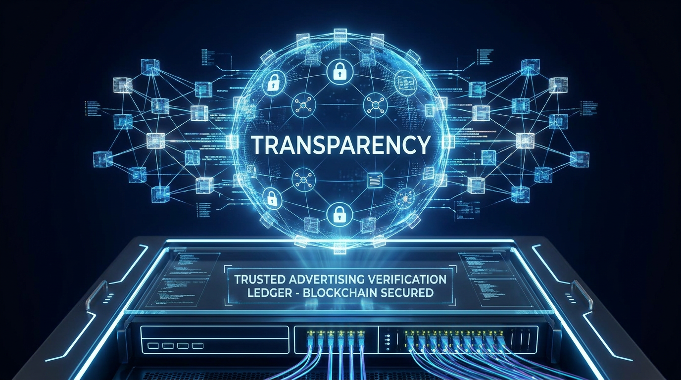 AI Design for A professional, high-tech conceptual visualization representing blockchain transparency for digital advertising. The scene features a glowing, interconnected digital ledger network floating above a sleek, modern server interface, symbolizing secure and tamper-proof data verification. Use a sophisticated color palette of deep navy, electric blue, and clean white with cinematic lighting to convey trust, precision, and cutting-edge cybersecurity.