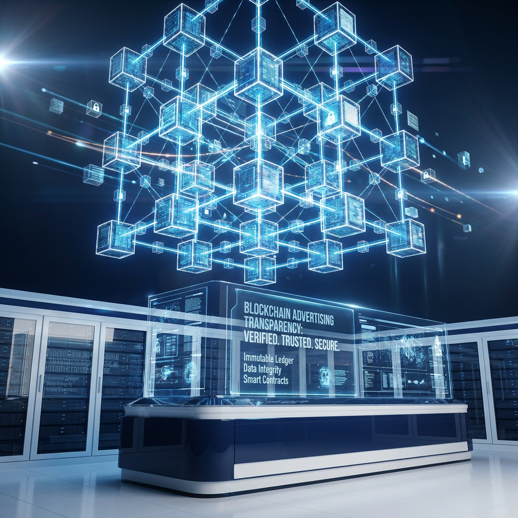AI Design for A professional, high-tech conceptual visualization representing blockchain transparency for digital advertising. The scene features a glowing, interconnected digital ledger network floating above a sleek, modern server interface, symbolizing secure and tamper-proof data verification. Use a sophisticated color palette of deep navy, electric blue, and clean white with cinematic lighting to convey trust, precision, and cutting-edge cybersecurity.