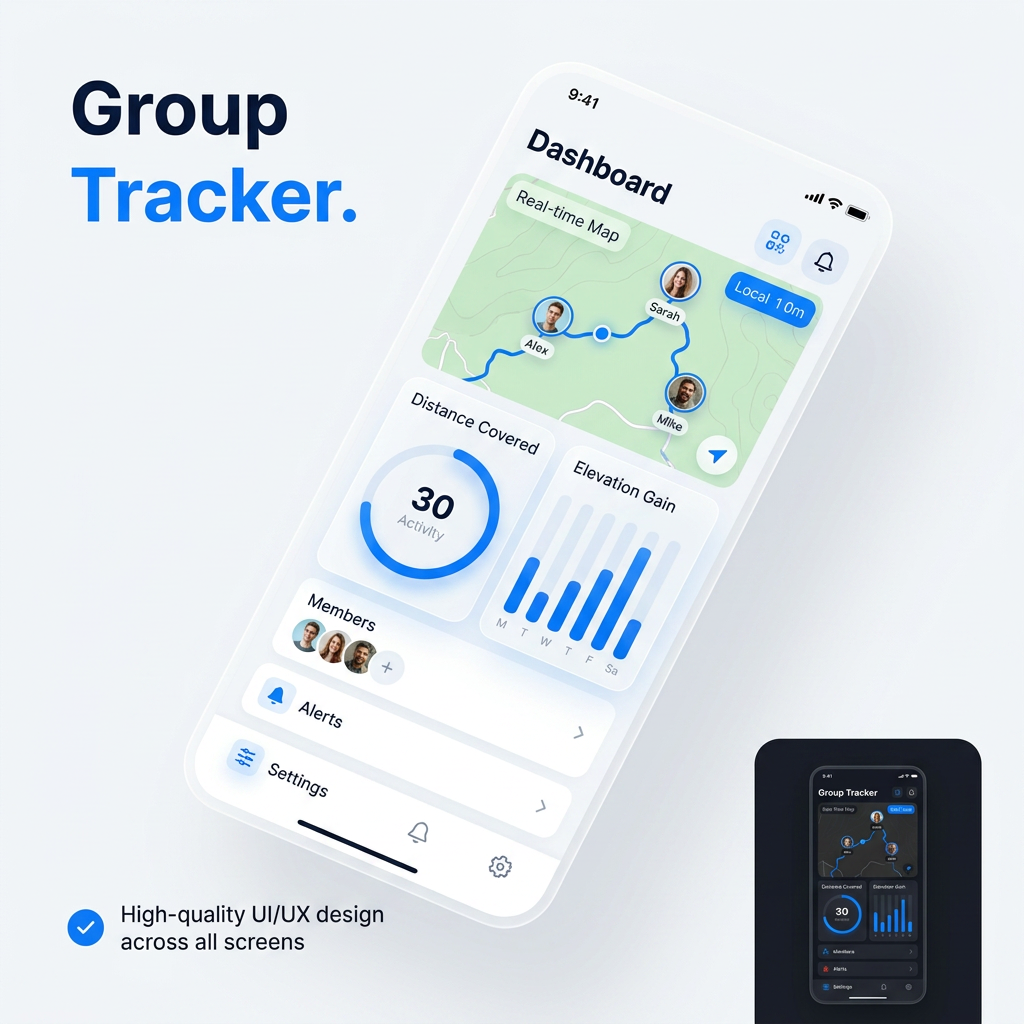AI Design for A sleek, modern interface design for a Group Tracker mobile application, featuring clean typography, intuitive data visualization charts, and a soft-glow user dashboard. The aesthetic is professional and minimalist with a vibrant blue and white color palette, cinematic lighting, and high-quality UI/UX elements suitable for a productivity app.