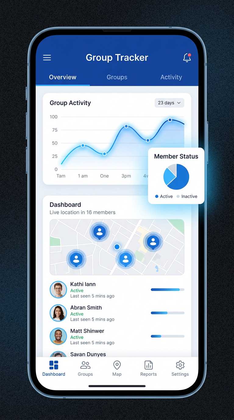 AI Design for A sleek, modern interface design for a Group Tracker mobile application, featuring clean typography, intuitive data visualization charts, and a soft-glow user dashboard. The aesthetic is professional and minimalist with a vibrant blue and white color palette, cinematic lighting, and high-quality UI/UX elements suitable for a productivity app.