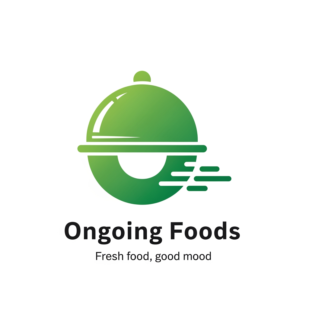 AI Design for Design a premium logo for a food delivery startup named "Ongoing Foods". Create a unique modern icon using a serving cloche combined with the letter "O" in a clever way. The icon should represent fast food delivery with subtle motion lines. Use a fresh green gradient (#34C759 and #1E9E4A) with white accents. Place the brand name "Ongoing Foods" below the icon in bold Poppins font. Add the tagline "Fresh food, good mood" in a smaller clean font. Minimal, flat vector, memorable, professional startup branding, no leaf, no grocery bag, no chef hat, no mockup, transparent background.Professional logo only, centered composition, transparent background, vector style, clean typography, no watermark, no mockup, no poster, no 3D render.