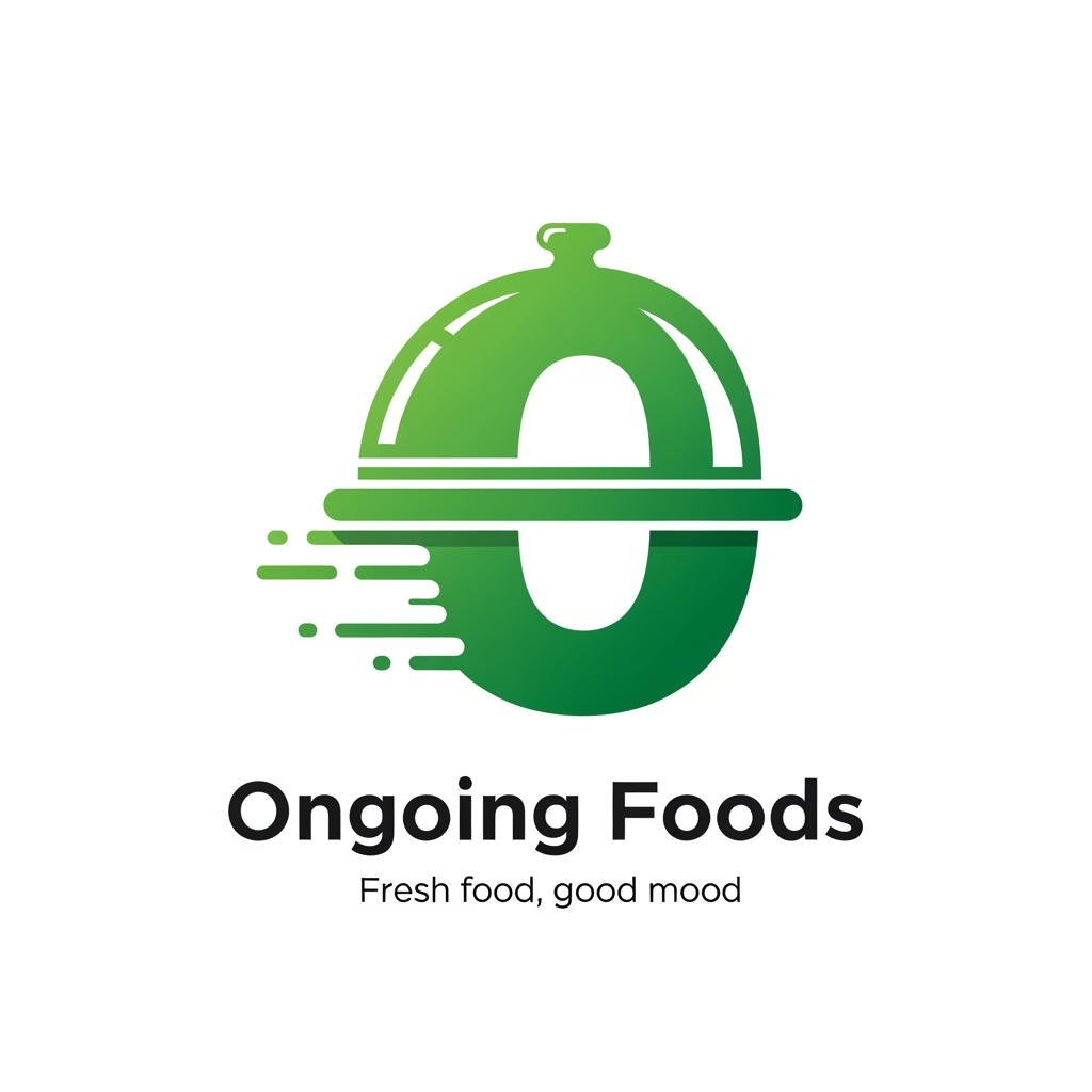 AI Design for Design a premium logo for a food delivery startup named "Ongoing Foods". Create a unique modern icon using a serving cloche combined with the letter "O" in a clever way. The icon should represent fast food delivery with subtle motion lines. Use a fresh green gradient (#34C759 and #1E9E4A) with white accents. Place the brand name "Ongoing Foods" below the icon in bold Poppins font. Add the tagline "Fresh food, good mood" in a smaller clean font. Minimal, flat vector, memorable, professional startup branding, no leaf, no grocery bag, no chef hat, no mockup, transparent background.