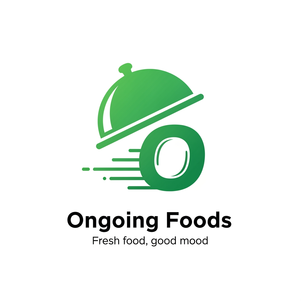 AI Design for Design a premium logo for a food delivery startup named "Ongoing Foods". Create a unique modern icon using a serving cloche combined with the letter "O" in a clever way. The icon should represent fast food delivery with subtle motion lines. Use a fresh green gradient (#34C759 and #1E9E4A) with white accents. Place the brand name "Ongoing Foods" below the icon in bold Poppins font. Add the tagline "Fresh food, good mood" in a smaller clean font. Minimal, flat vector, memorable, professional startup branding, no leaf, no grocery bag, no chef hat, no mockup, transparent background.