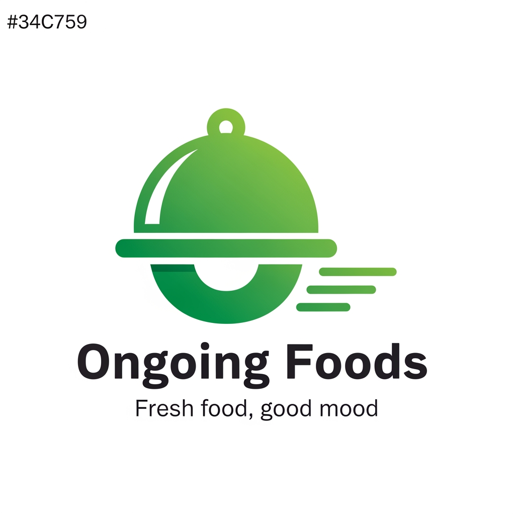 AI Design for Design a premium logo for a food delivery startup named "Ongoing Foods". Create a unique modern icon using a serving cloche combined with the letter "O" in a clever way. The icon should represent fast food delivery with subtle motion lines. Use a fresh green gradient (#34C759 and #1E9E4A) with white accents. Place the brand name "Ongoing Foods" below the icon in bold Poppins font. Add the tagline "Fresh food, good mood" in a smaller clean font. Minimal, flat vector, memorable, professional startup branding, no leaf, no grocery bag, no chef hat, no mockup, transparent background.