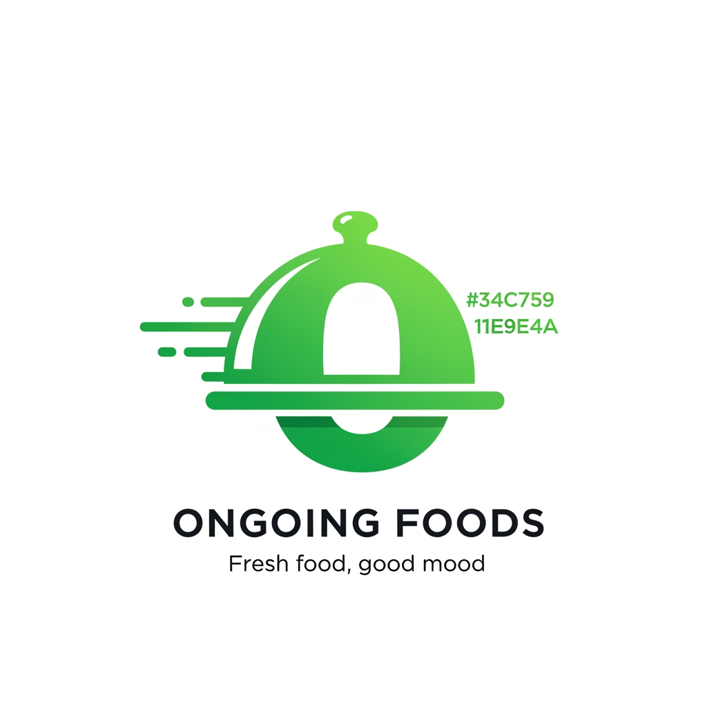 AI Design for Design a premium logo for a food delivery startup named "Ongoing Foods". Create a unique modern icon using a serving cloche combined with the letter "O" in a clever way. The icon should represent fast food delivery with subtle motion lines. Use a fresh green gradient (#34C759 and #1E9E4A) with white accents. Place the brand name "Ongoing Foods" below the icon in bold Poppins font. Add the tagline "Fresh food, good mood" in a smaller clean font. Minimal, flat vector, memorable, professional startup branding, no leaf, no grocery bag, no chef hat, no mockup, transparent background.