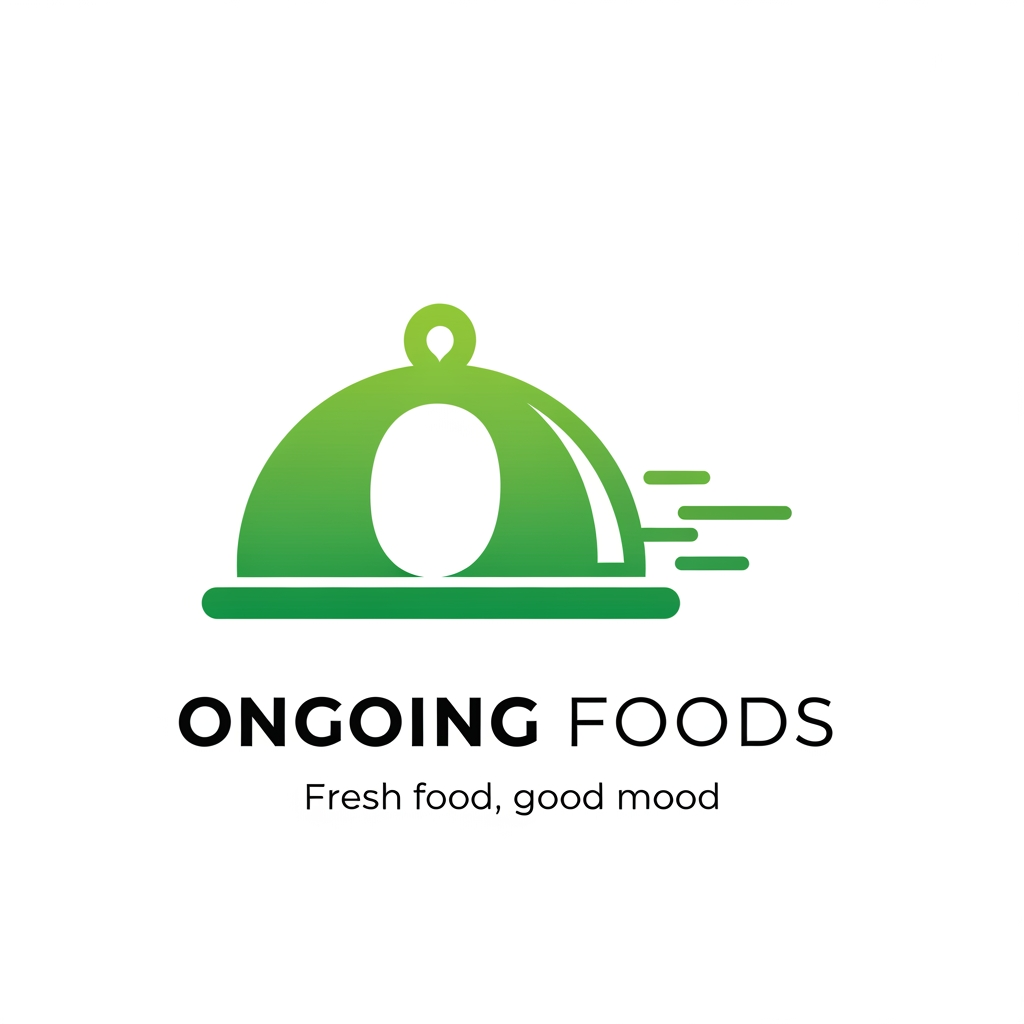 AI Design for Design a premium logo for a food delivery startup named "Ongoing Foods". Create a unique modern icon using a serving cloche combined with the letter "O" in a clever way. The icon should represent fast food delivery with subtle motion lines. Use a fresh green gradient (#34C759 and #1E9E4A) with white accents. Place the brand name "Ongoing Foods" below the icon in bold Poppins font. Add the tagline "Fresh food, good mood" in a smaller clean font. Minimal, flat vector, memorable, professional startup branding, no leaf, no grocery bag, no chef hat, no mockup, transparent background.