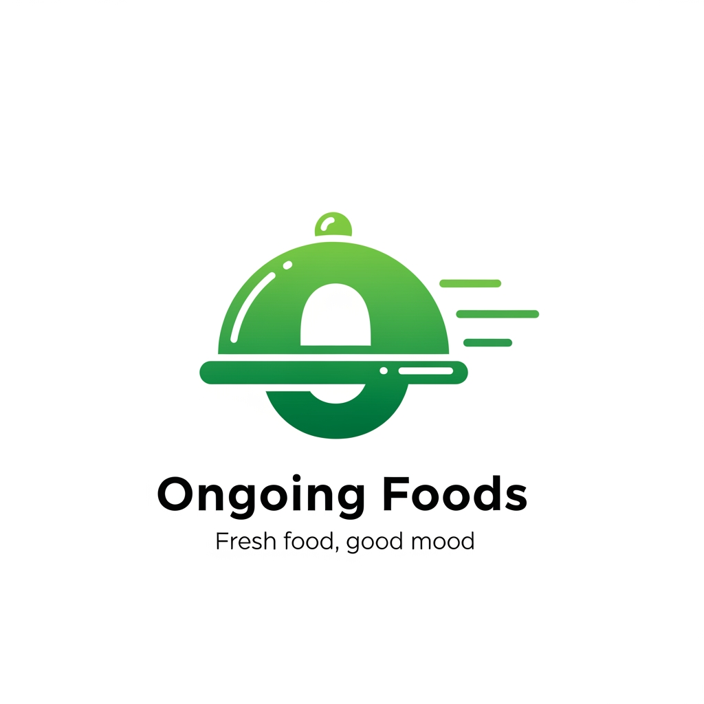 AI Design for Design a premium logo for a food delivery startup named "Ongoing Foods". Create a unique modern icon using a serving cloche combined with the letter "O" in a clever way. The icon should represent fast food delivery with subtle motion lines. Use a fresh green gradient (#34C759 and #1E9E4A) with white accents. Place the brand name "Ongoing Foods" below the icon in bold Poppins font. Add the tagline "Fresh food, good mood" in a smaller clean font. Minimal, flat vector, memorable, professional startup branding, no leaf, no grocery bag, no chef hat, no mockup, transparent background.Professional logo only, centered composition, transparent background, vector style, clean typography, no watermark, no mockup, no poster, no 3D render.