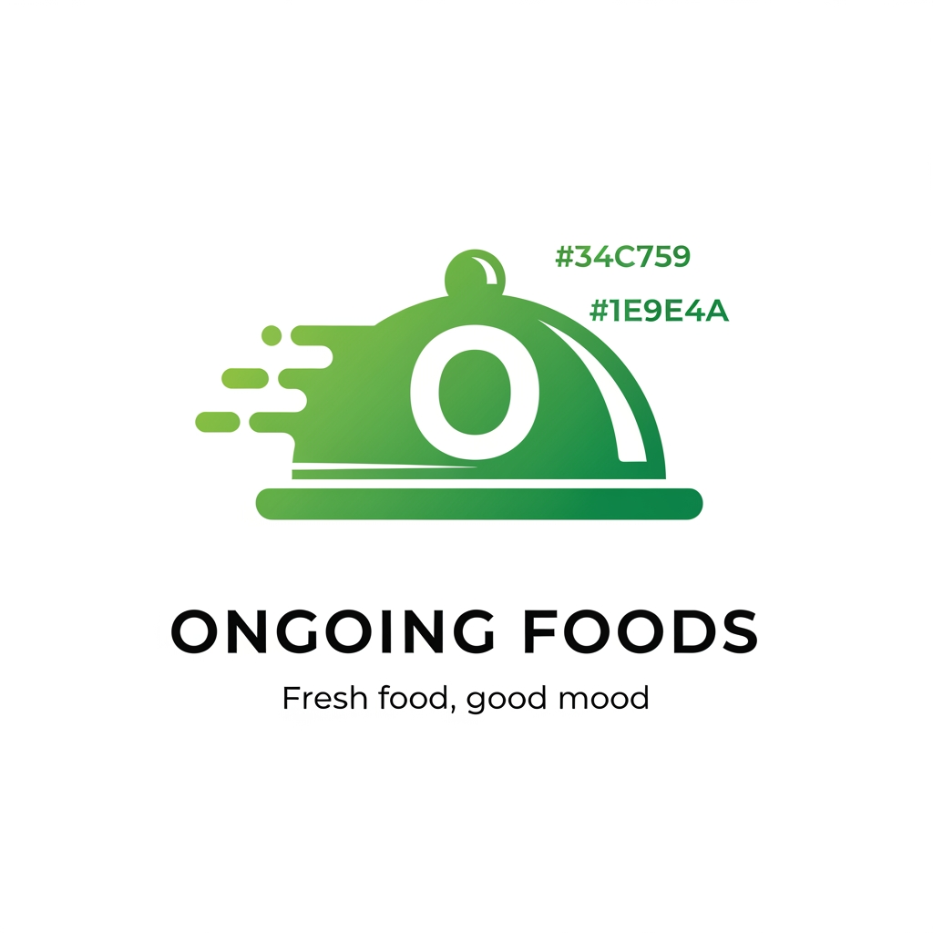 AI Design for Design a premium logo for a food delivery startup named "Ongoing Foods". Create a unique modern icon using a serving cloche combined with the letter "O" in a clever way. The icon should represent fast food delivery with subtle motion lines. Use a fresh green gradient (#34C759 and #1E9E4A) with white accents. Place the brand name "Ongoing Foods" below the icon in bold Poppins font. Add the tagline "Fresh food, good mood" in a smaller clean font. Minimal, flat vector, memorable, professional startup branding, no leaf, no grocery bag, no chef hat, no mockup, transparent background.