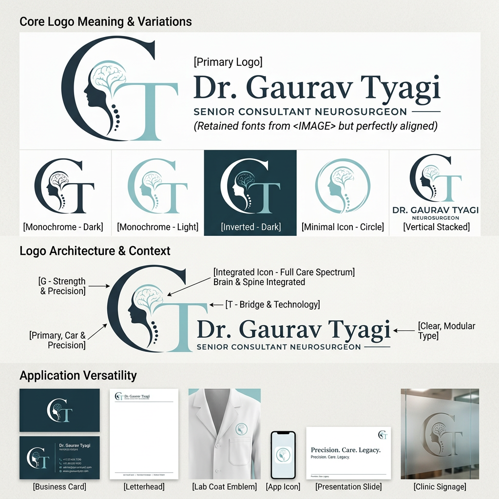 AI Design for Dr. Gaurav Tyagi is a leading neurosurgeon known for his precise, patient-focused approach and strong academic foundation. Currently a Senior Consultant at Indraprastha Apollo Hospitals, he trained at National Institute of Mental Health and Neuro Sciences (NIMHANS), where he also served as faculty.
give me the ideas for logo making in this content make a a logo for Dr. Gaurav Tyagi.
esa lgna chiye kuch meaning ho logo ka and us k sare version hone chiye kon sa logo kha hona make minimal