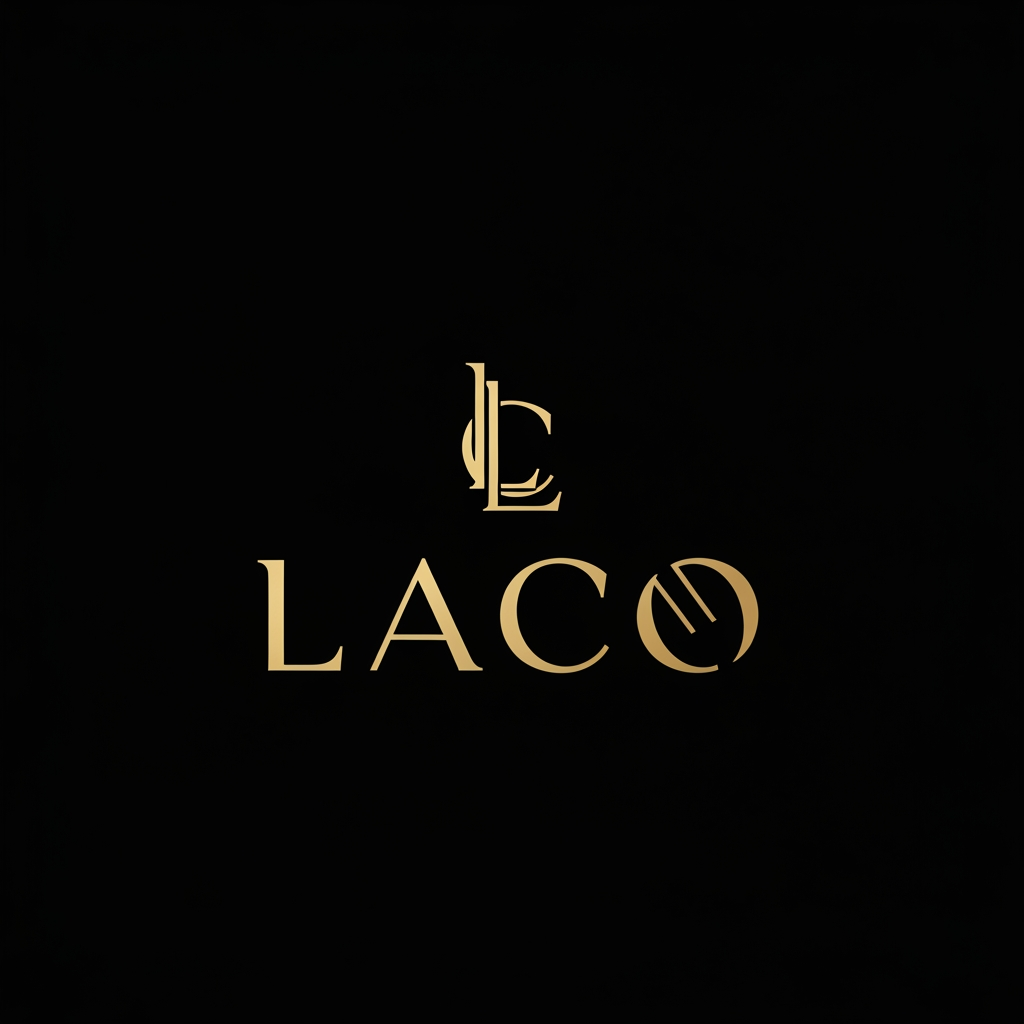 AI Design for Create a luxury minimalist logo for a premium perfume brand named LACO. The design should be elegant, sophisticated, timeless, and high-end. Use a clean typography-focused approach with refined letterforms and subtle custom detailing. Incorporate a sleek monogram using the letter L or LC if appropriate. Keep the design minimal with balanced spacing, geometric precision, and a premium fashion-house aesthetic inspired by luxury fragrance brands. Use a monochrome color palette (black, white, or deep gold on black). Avoid perfume bottle icons, excessive ornaments, gradients, shadows, or complex graphics. The logo should look suitable for luxury packaging, perfume bottles, shopping bags, embossing, and premium branding. Modern luxury, minimalist, exclusive, iconic, memorable, vector style, high-end fragrance identity.